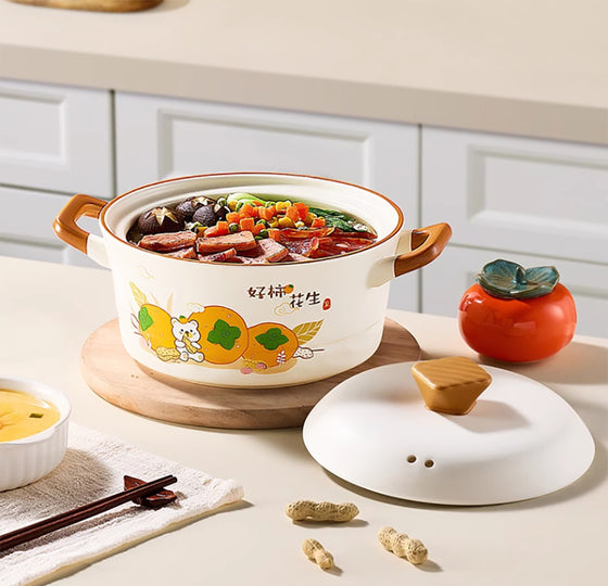 Cooker King Ceramic Casserole Pot with Persimmon and Peanut Design - 4.2L