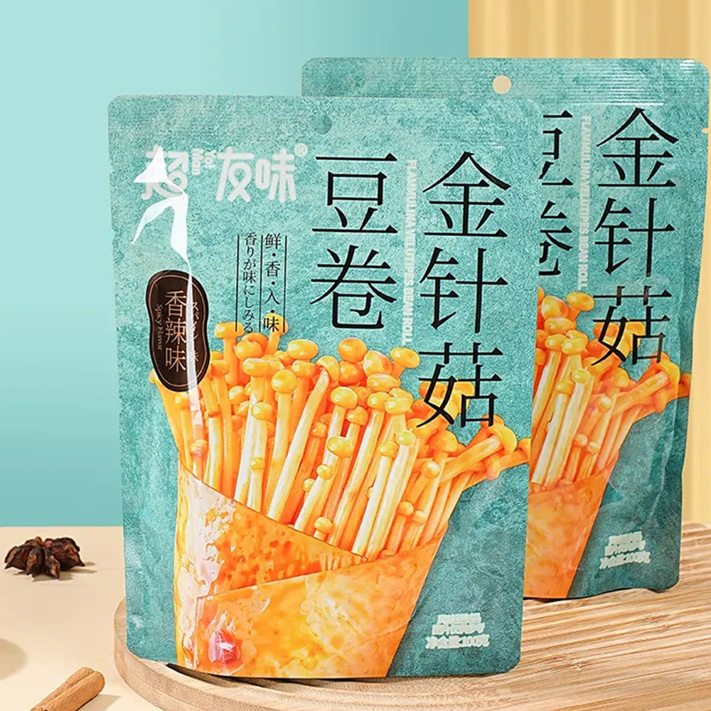 Chaoyouwei-Spicy-Enoki-Mushroom-Tofu-Rolls-100g---Tofu-Skin-(Yuba)-Snack-4