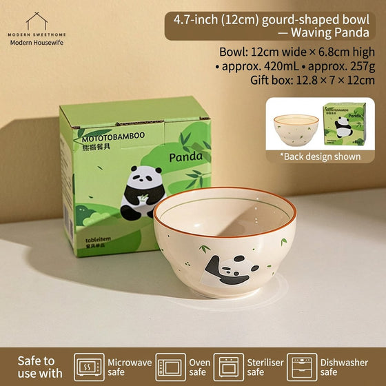 Modern SweetHome Gourd-Shaped Ceramic Bowl – Waving Panda Design, 4.7" (420 ml)