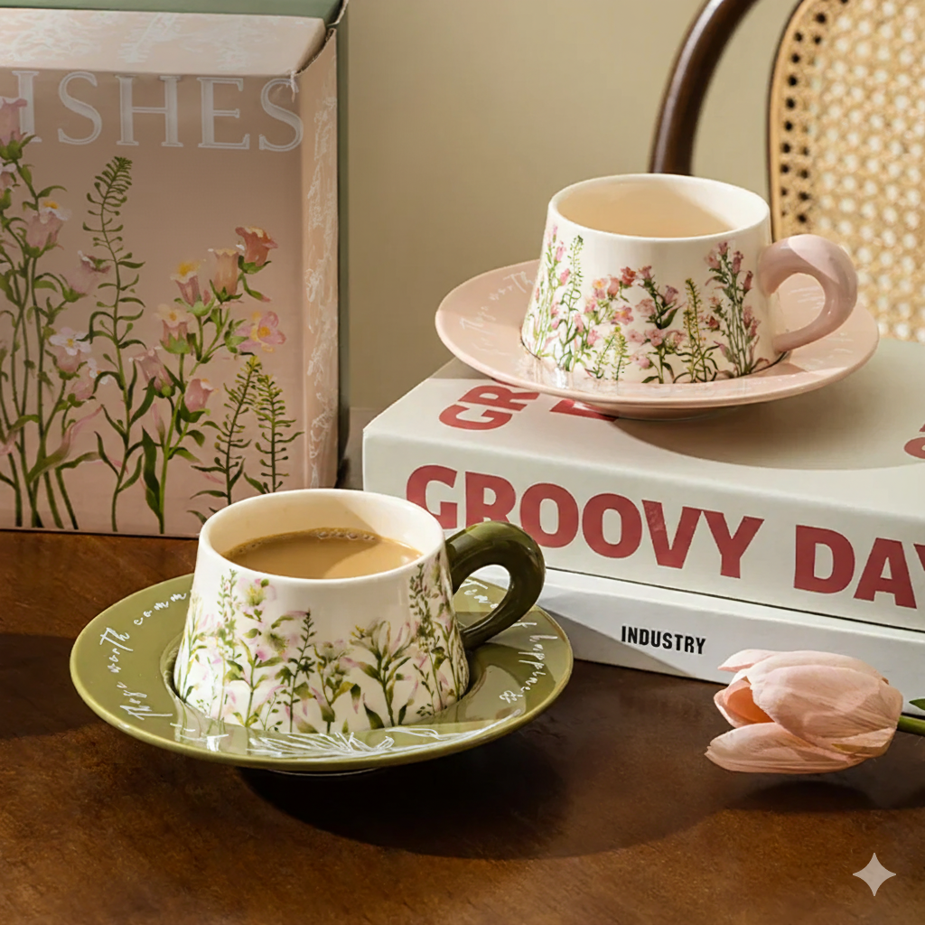 Modern SweetHome Coffee Cup and Saucer - Pink Bellflower Design, 260ml